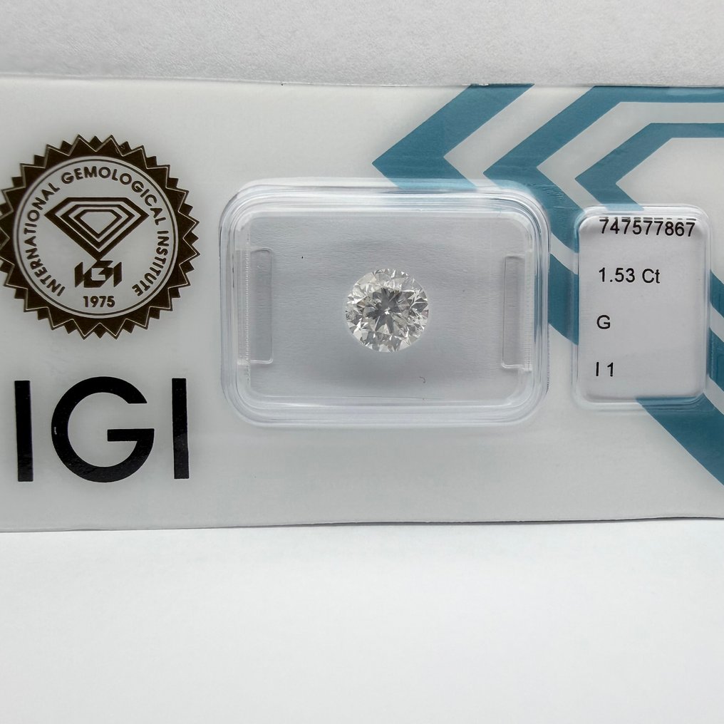 Nincs minimálár - 1 pcs Gyémánt  (Természetes)  - 1.53 ct - Kerek - G - I1 - Nemzetközi Gemmológiai Intézet (IGI) #4.3