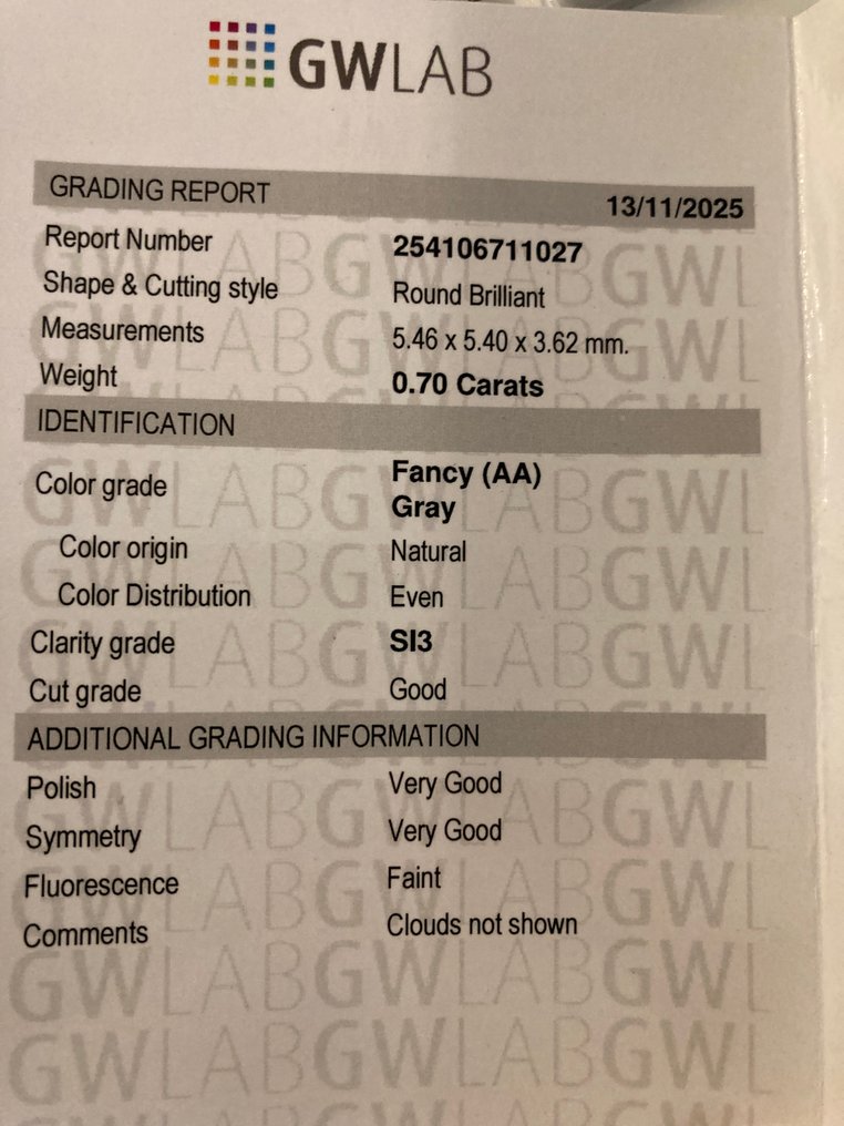 Sem preço de reserva - 1 pcs Diamante  (Colorido natural)  - 0.70 ct - Redondo - Fancy Cinzento - SI3 - Gemewizard Gemological Laboratory (GWLab) #4.3