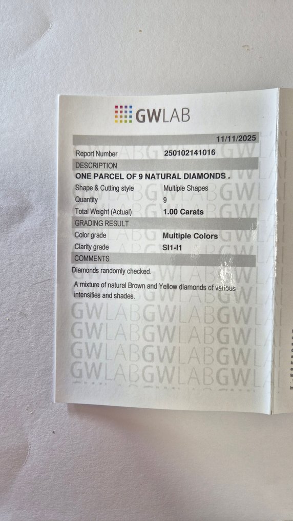 没有保留价 - 9 pcs 钻石  (天然色彩的)  - 1.00 ct - 混合形状 混合色彩 - SI1 微内含一级, I1 内含一级, SI2 微内含二级, SI2 微内三含级 - Gemewizard宝石实验室（GWLab） #3.2