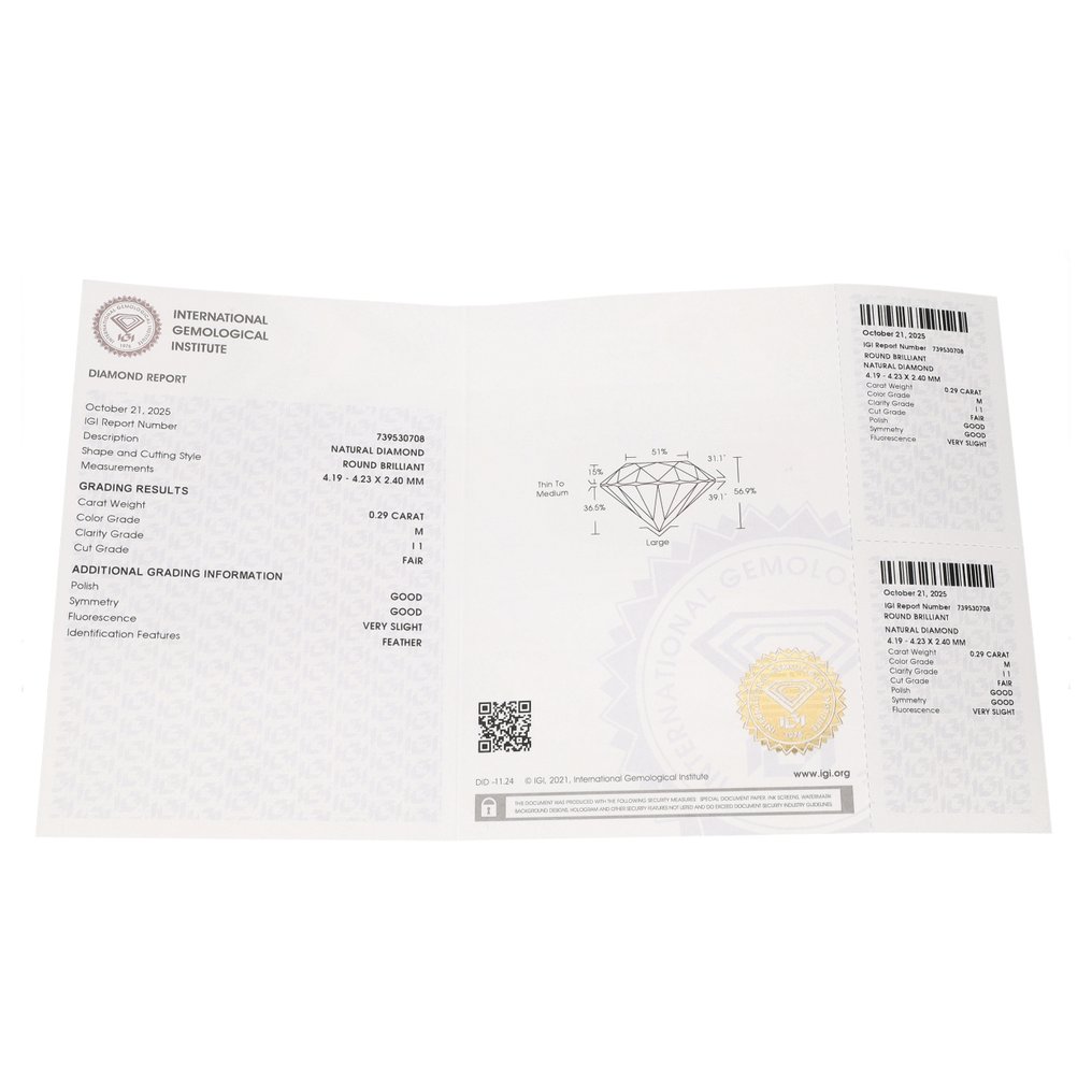 没有保留价 - 1 pcs 钻石 (天然) - 0.29 ct - 圆形 - M - I1 内含一级 - 国际宝石研究院(IGI) #3.2