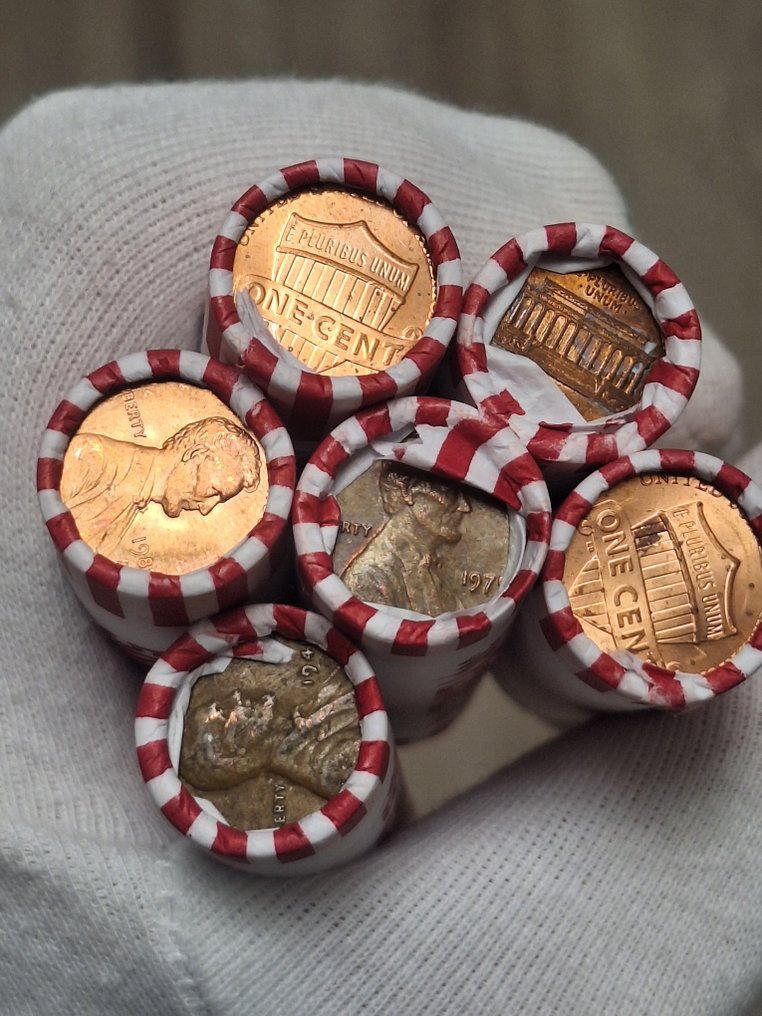 Ηνωμένες Πολιτείες. 6 rolls of 50 Red Pennies cent, unopened P/D/S mints, wheat cents, error strikes, 1960 to 2024/ Total of 300 coins  (χωρίς τιμή ασφαλείας) #1.0
