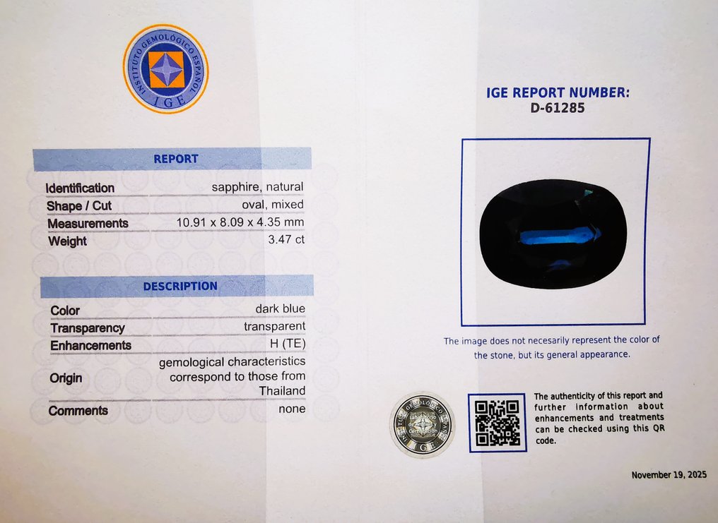 χωρίς τιμή ασφαλείας - 1 pcs  Μπλε Ζαφείρι  - 3.47 ct - Instituto Gemólogico Español (IGE) - Ταϊλάνδη / ζέστη #1.0