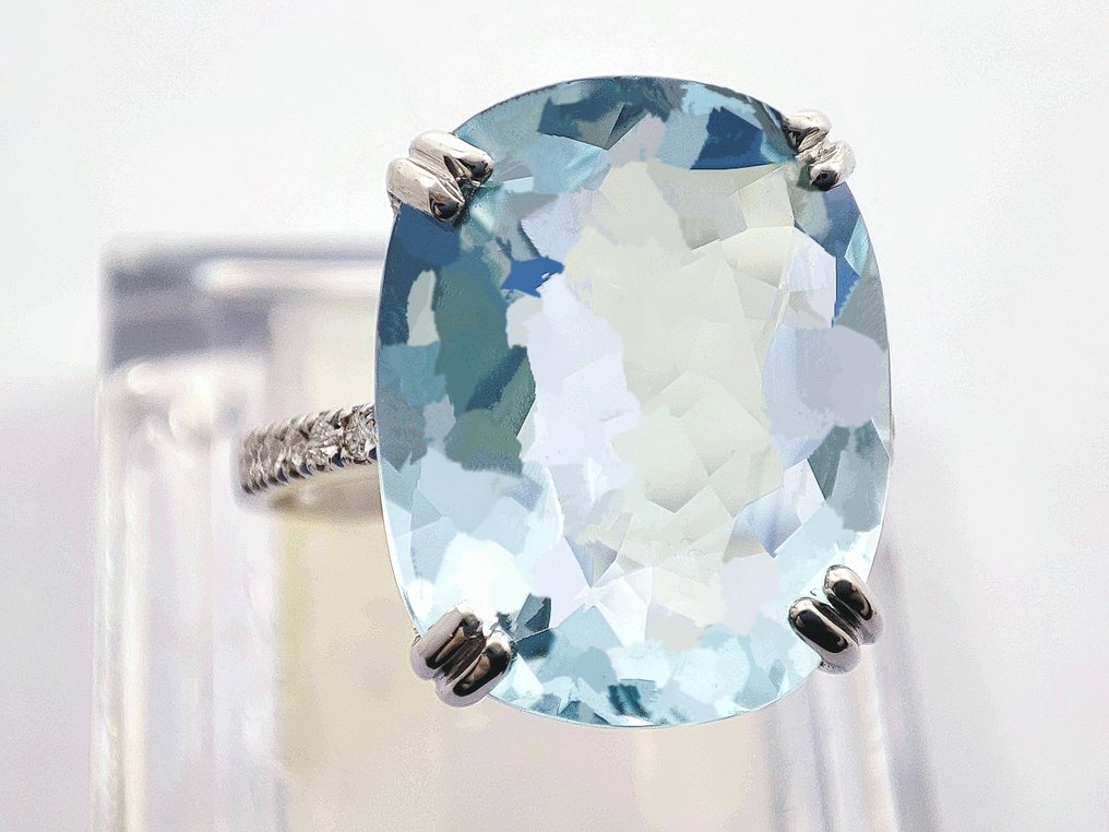 Zonder minimumprijs - Ring - 18 karaat Witgoud -  8.68ct. tw. Aquamarijn - Diamant #3.2