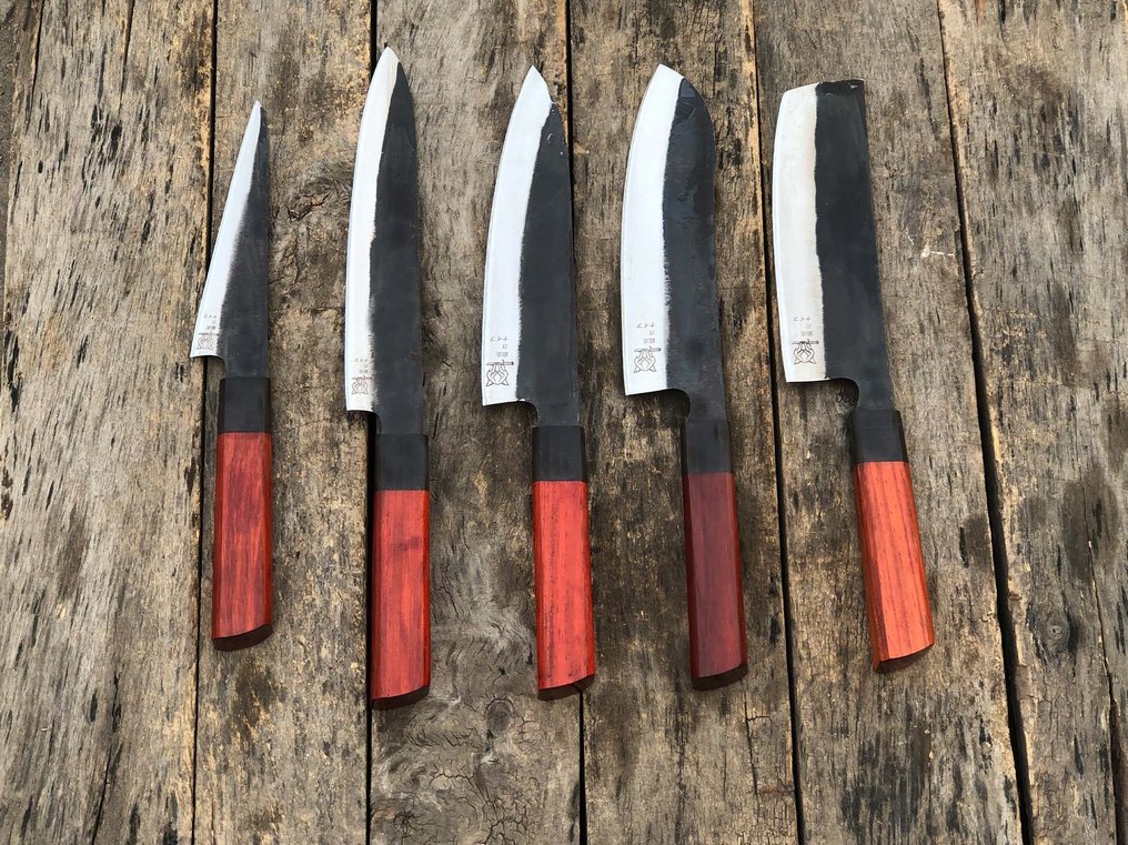 Coltello da cucina - Set di coltelli da chef da collezione fatti a mano (5) in acciaio speciale giapponese, manico in - Nord America - Leather Saya (M3) #1.0