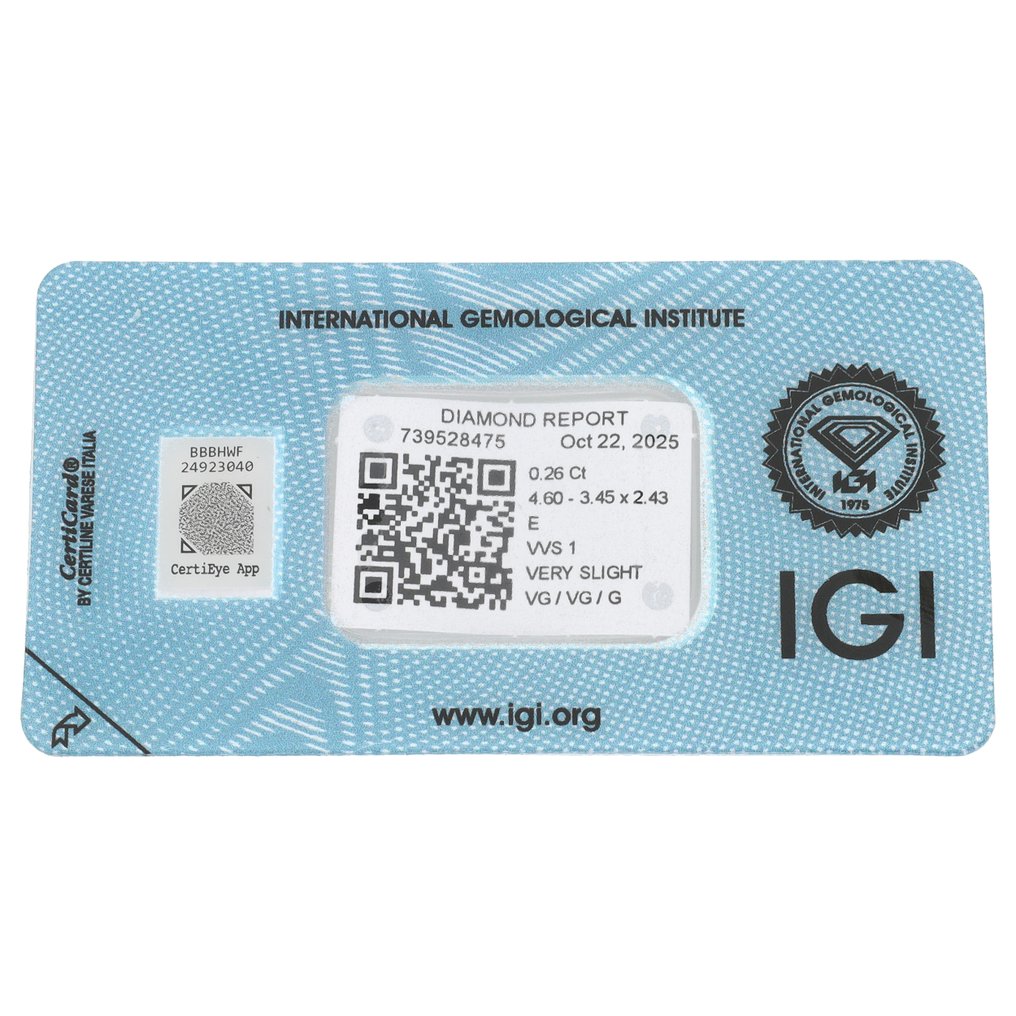 Zonder minimumprijs - 1 pcs Diamant (Natuurlijk) - 0.26 ct - Ovaal - E - VVS1 - International Gemological Institute (IGI) #2.1