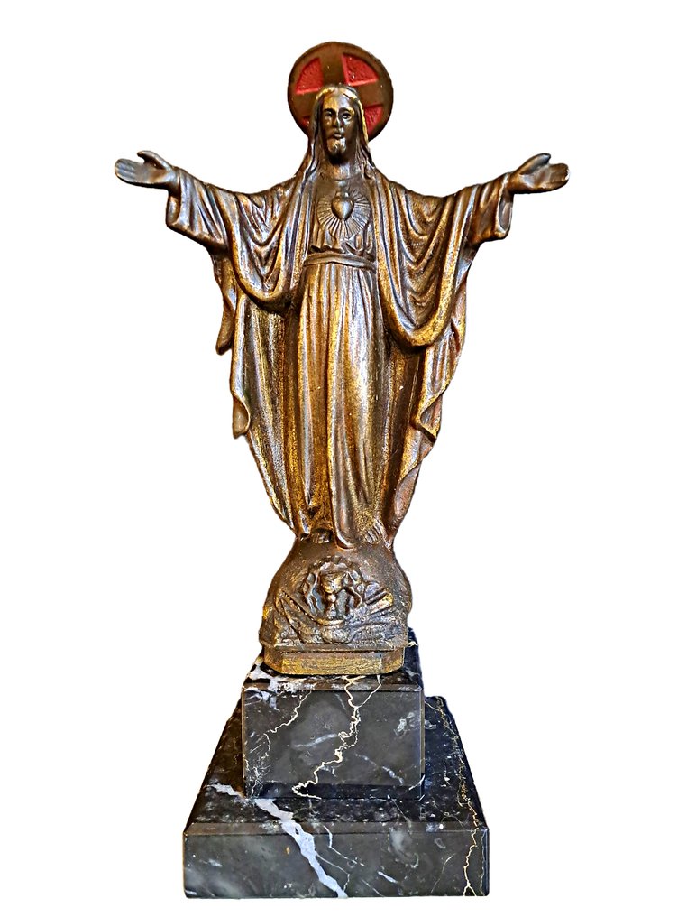 Statue, Heilig Hart op Marmer Sokkel - 23 cm - Bronse, Marmor - 1960 #1.0