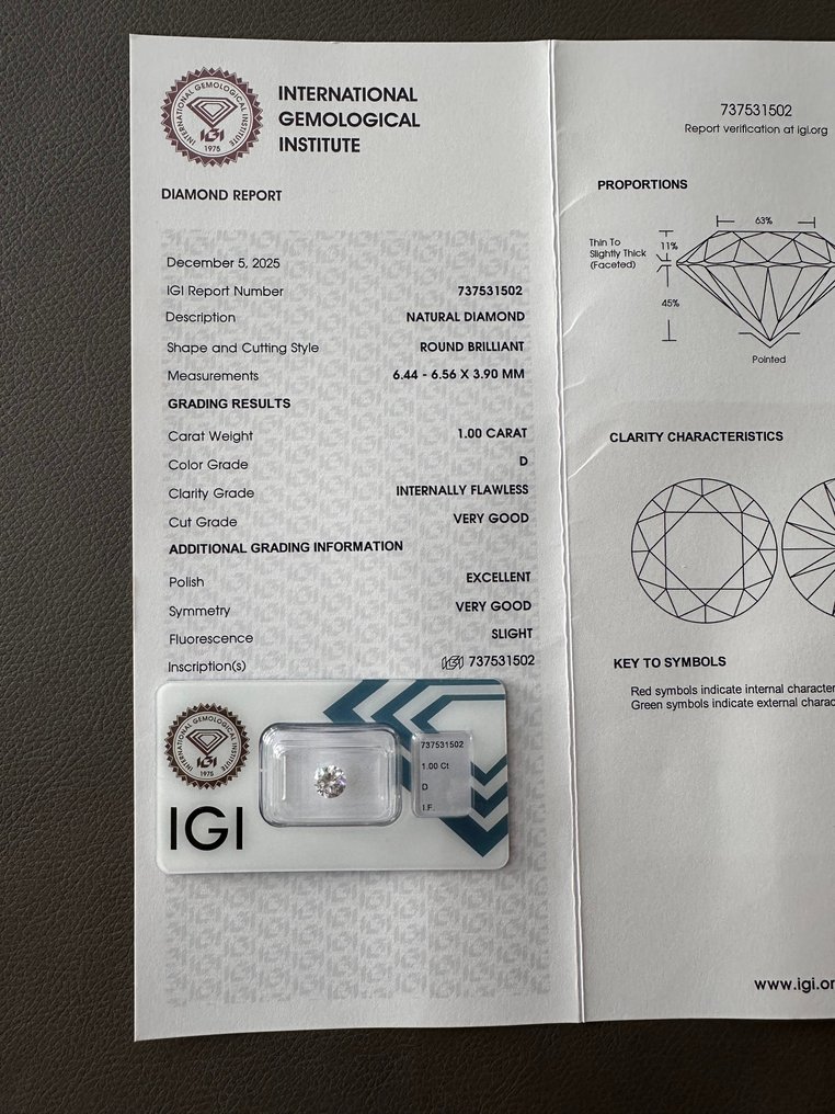 1 pcs 钻石  (天然)  - 1.00 ct - 圆形 - D (无色) - IF - 国际宝石研究院（IGI） - 免运费 #2.1