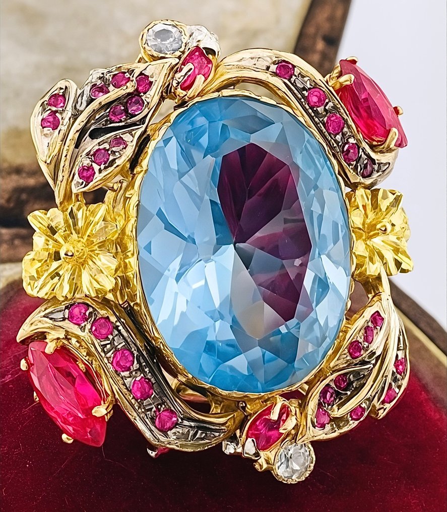 χωρίς τιμή ασφαλείας - Δαχτυλίδι - 9 kt. Κίτρινο χρυσό, Ασημί Ακουαμαρίνης - Ρουμπίνι #4.3