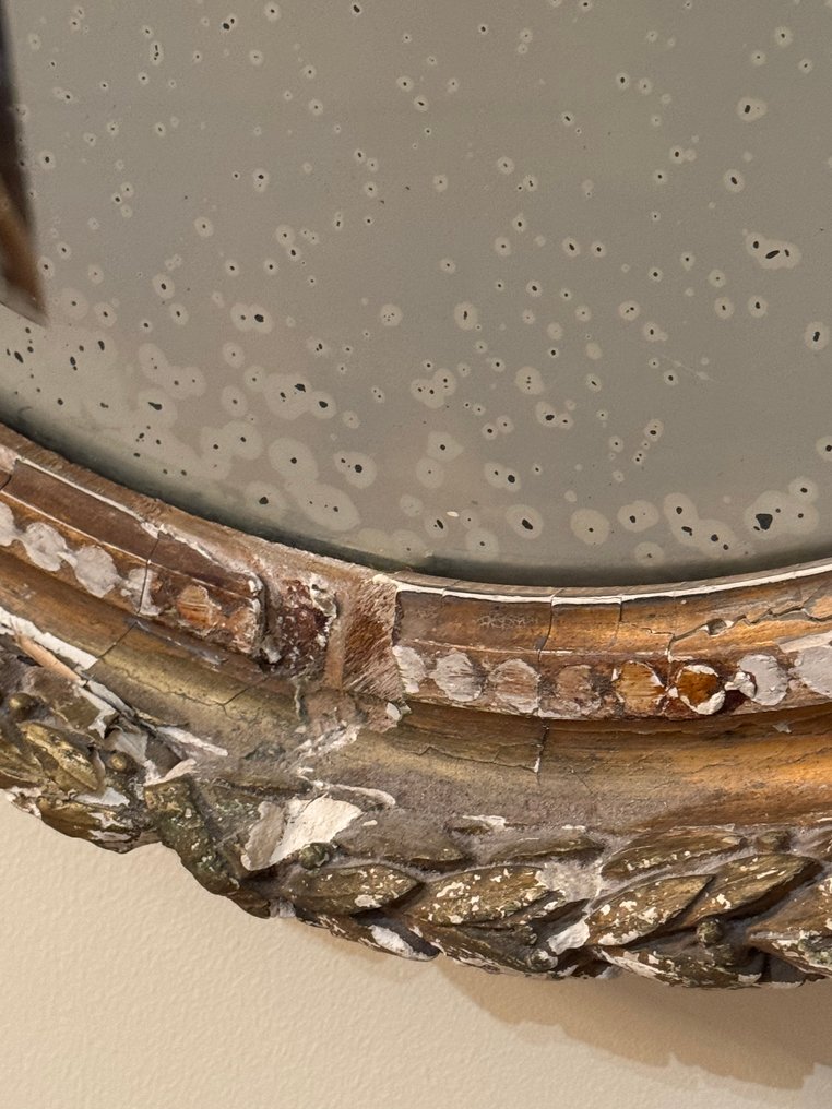 Wall mirror- Decor with laurel leaves and pearl edge. - faceted cut mirror, hardwood - Oval cut mirror #3.2