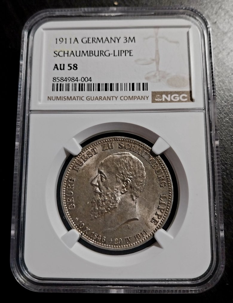 德国，绍姆堡--利泊 阿尔布雷希特·乔治. 3 Mark 1911 / AU58 #2.1