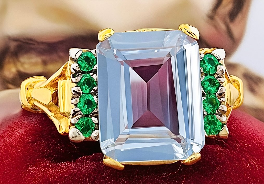 χωρίς τιμή ασφαλείας - Δαχτυλίδι - 9 kt. Κίτρινο χρυσό, Ασημί Ακουαμαρίνης - Σμαράγδι #3.2