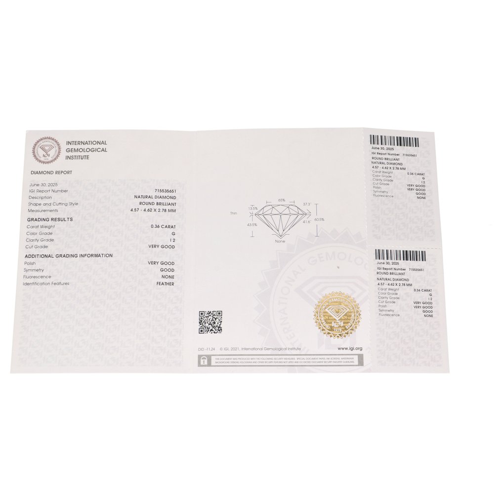 没有保留价 - 1 pcs 钻石  (天然)  - 0.36 ct - 圆形 - G - I2 内含二级 - 国际宝石研究院（IGI） #3.2