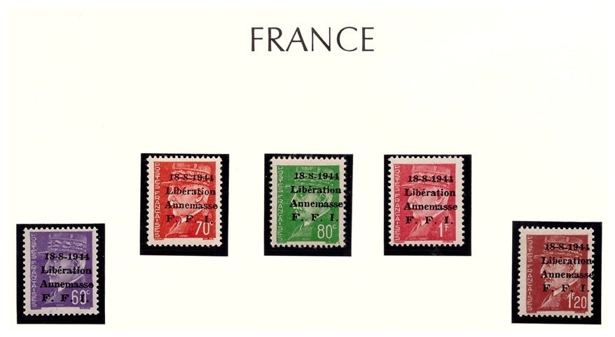 France 1944 - Rare complete series of 11 Liberty Values from Annemasse, new and luxurious without chanières // - Type Pétain surchargé le 18 aout 1944. Chiffres maigres. N° Mayer : 20-30 #1.0