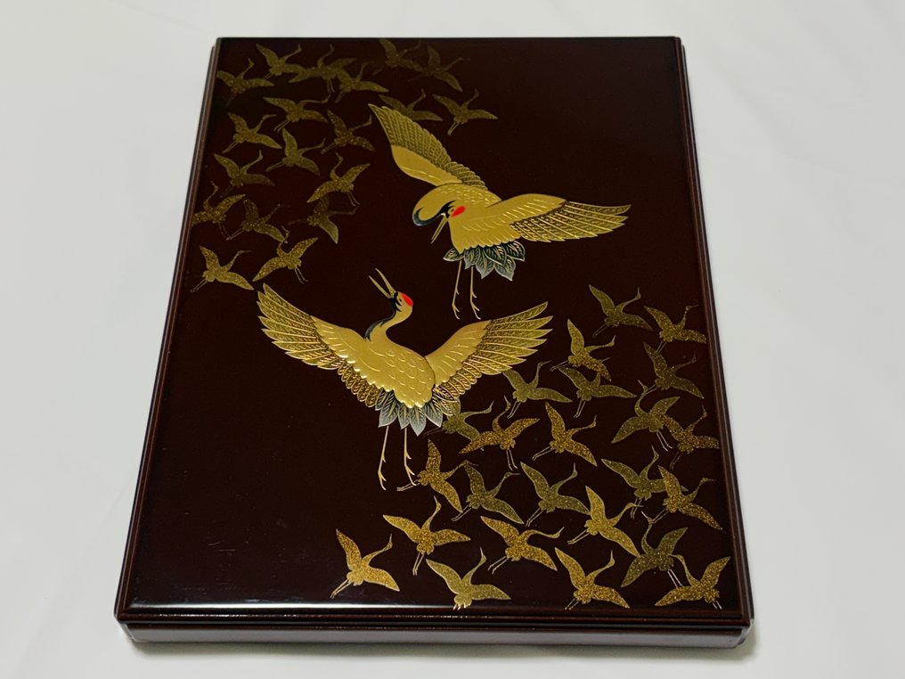 Box - Refined black lacquered letter box designed with beautiful flying gold cranes - lacquerware - crane/box/bird/letter box #2.1