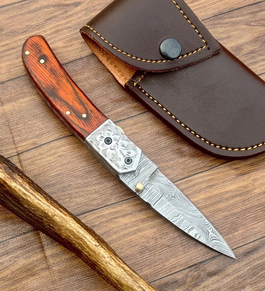 厨刀 - 厨房刀具 - 高端Damascus折叠口袋刀 - Pukka木材 - 雕刻护手柄 - 亚洲 #1.0