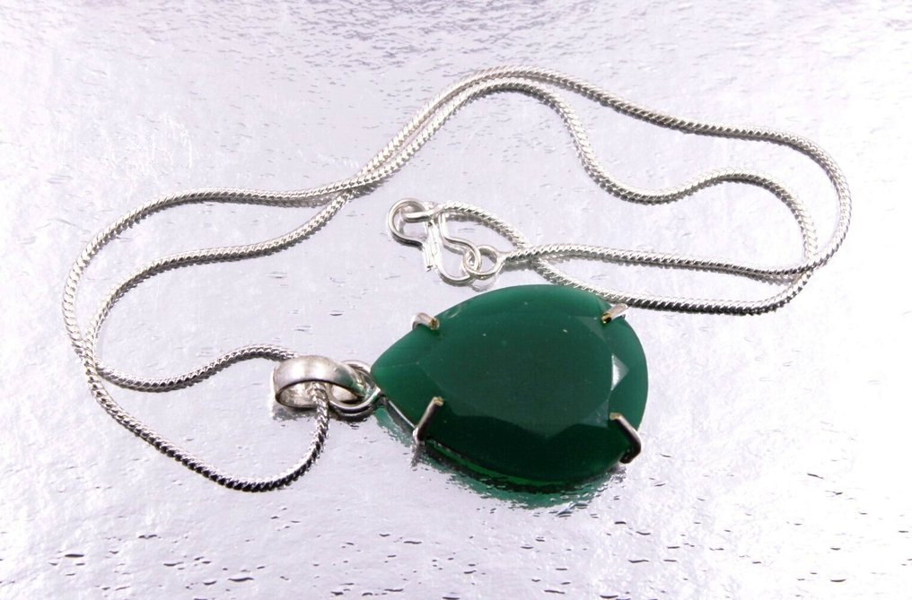 纯银切割祖母绿吊坠配银链，91克拉。 珠宝- 18.2 g #2.1