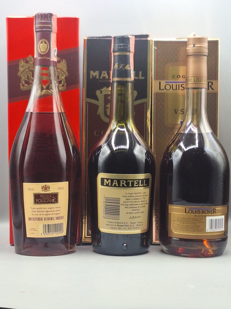 Louis Royer, Martell, Prince Hubert de Polignac - VSOP + VS/3 Star - b. 1980-tallet, 1990-tallet, 2000-tallet - 70cl - 3 flasker #3.2