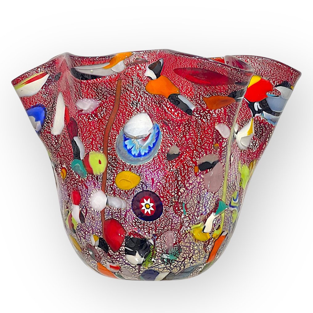 Filippo Maso - Vase - Red handkerchief with silver leaf and murrine. - Murano glass #1.0