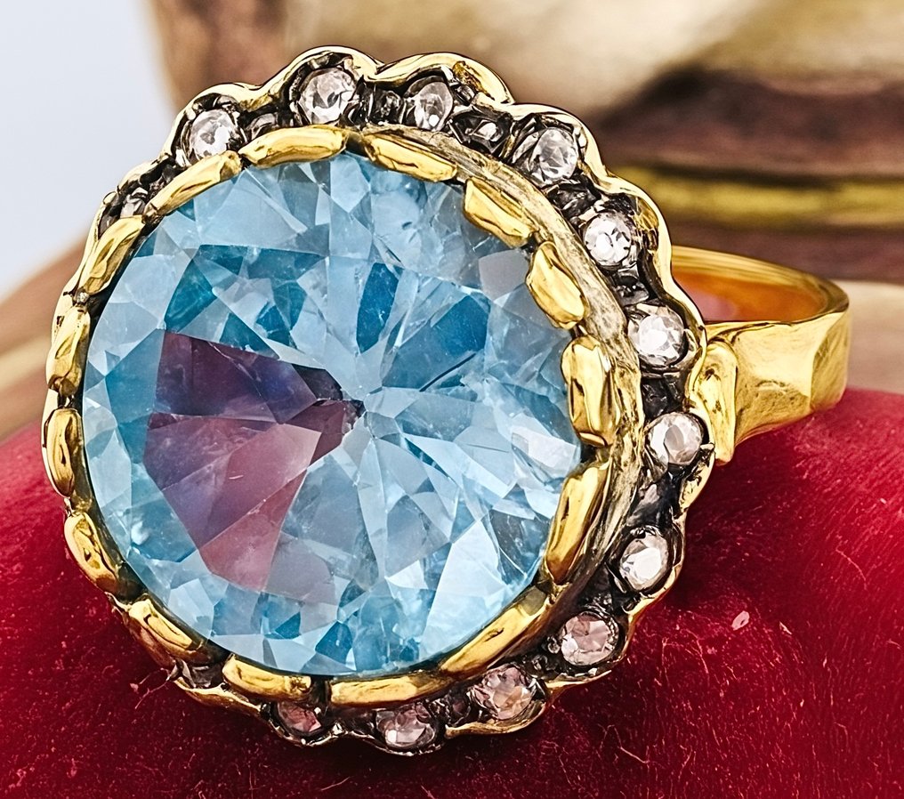 没有保留价 - 戒指 - 9 kt. 黄金, 银 海蓝宝石 - 海蓝宝石 #2.1