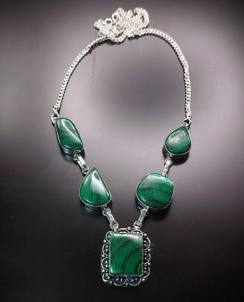 无底价 美丽的孔雀石手工925银项链 - 衣领项链 #4.3