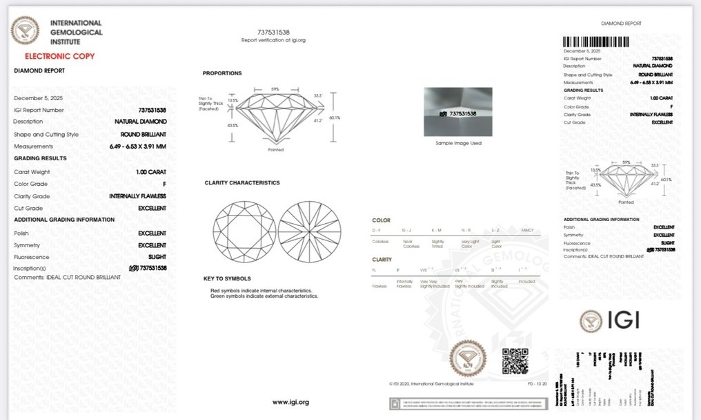 1 pcs Διαμάντι (Φυσικό) - 1.00 ct - Στρογγυλό - F - IF - International Gemological Institute (IGI) - ΔΩΡΕΑΝ ΑΠΟΣΤΟΛΗ #4.3