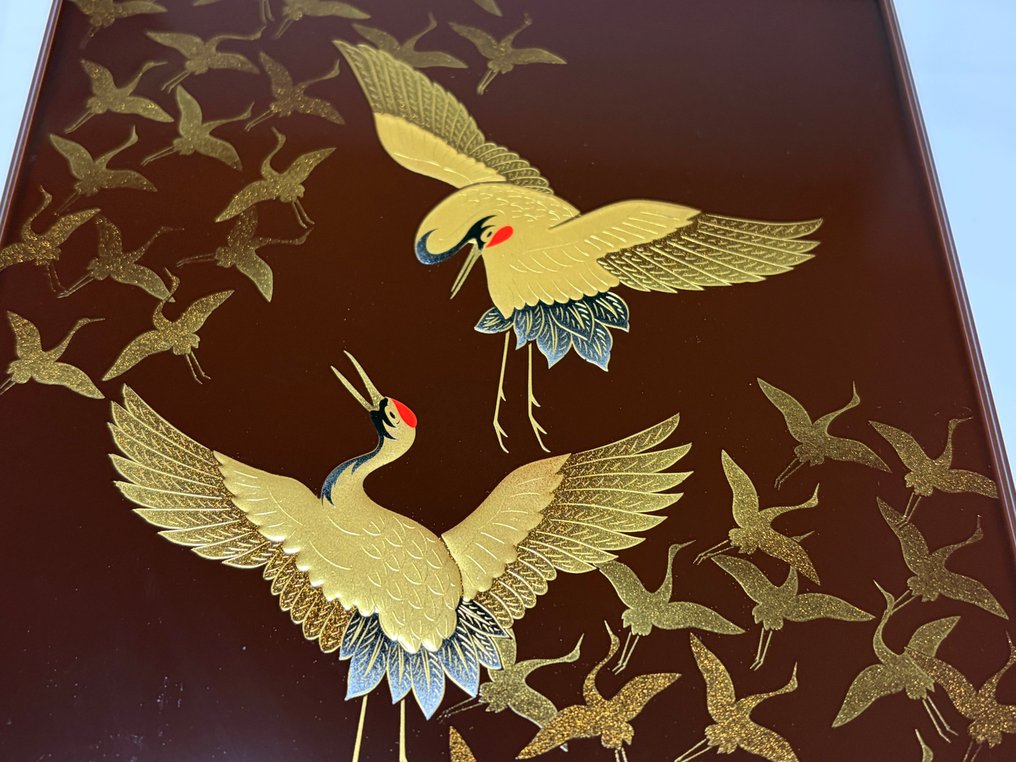 Box - Refined black lacquered letter box designed with beautiful flying gold cranes - lacquerware - crane/box/bird/letter box #3.2