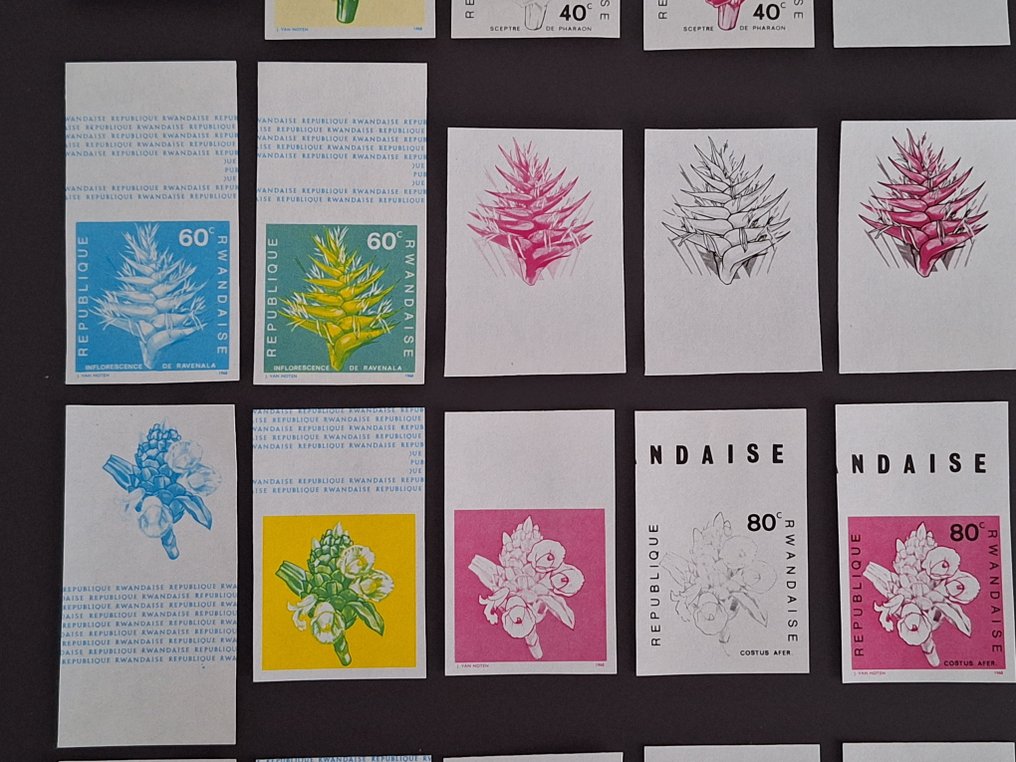 Rwanda 1968 - 52 Progressive color proof prints from n° 253/262 series Flowers #2.1