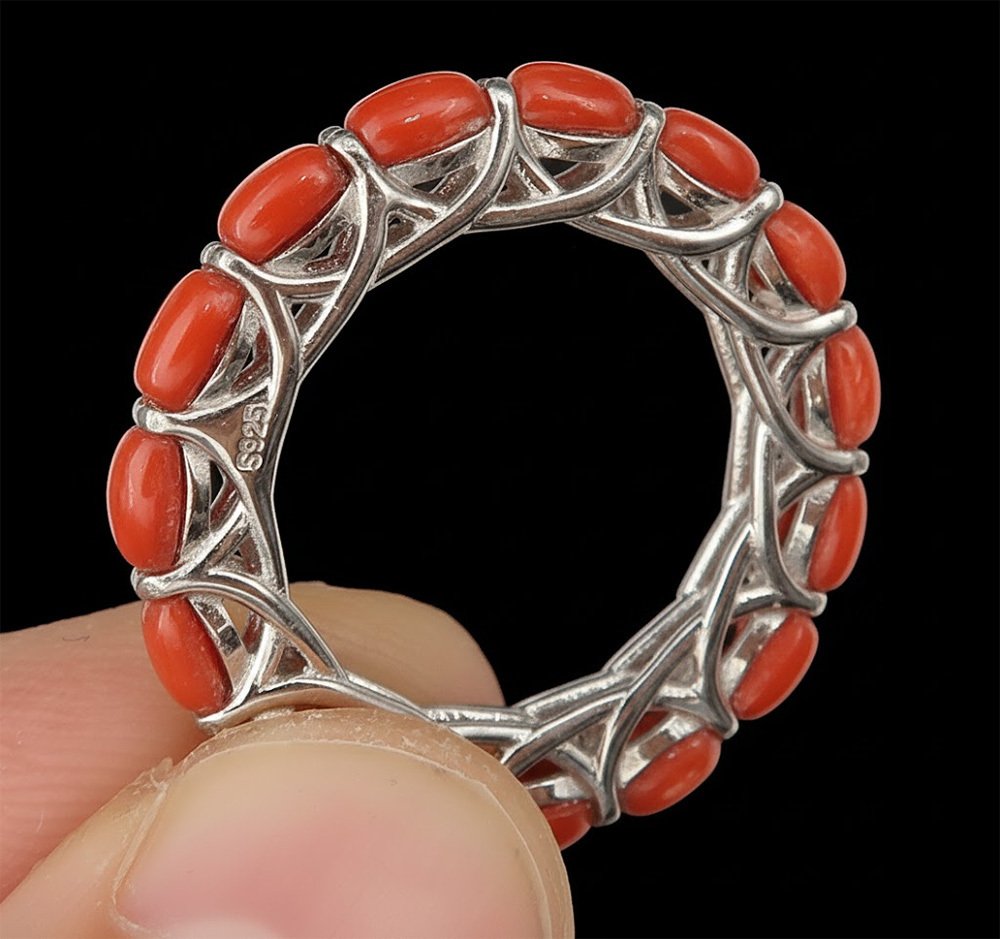 珊瑚 - 银, 红珊瑚永恒戒指“生命之环”：生命力与保护 - 925纯银 - 永恒戒指 #3.2