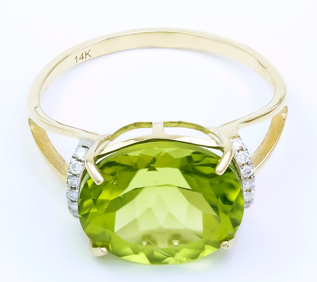 Bague - 14 carats Or jaune Péridot - Diamant - US-7 #1.0