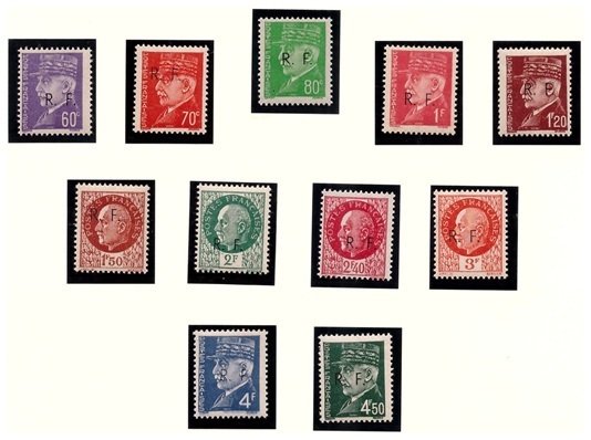 France 1944 - Complete series of Bordeaux Liberation Type 1 stamps featuring Marshal Pétain's effigy & new tax - Limité , Yvert n°1 à 11 (Petain) & n°12 à 18 (Taxe)  Voir photos & déscriptif // Forte cote Mayer #1.0