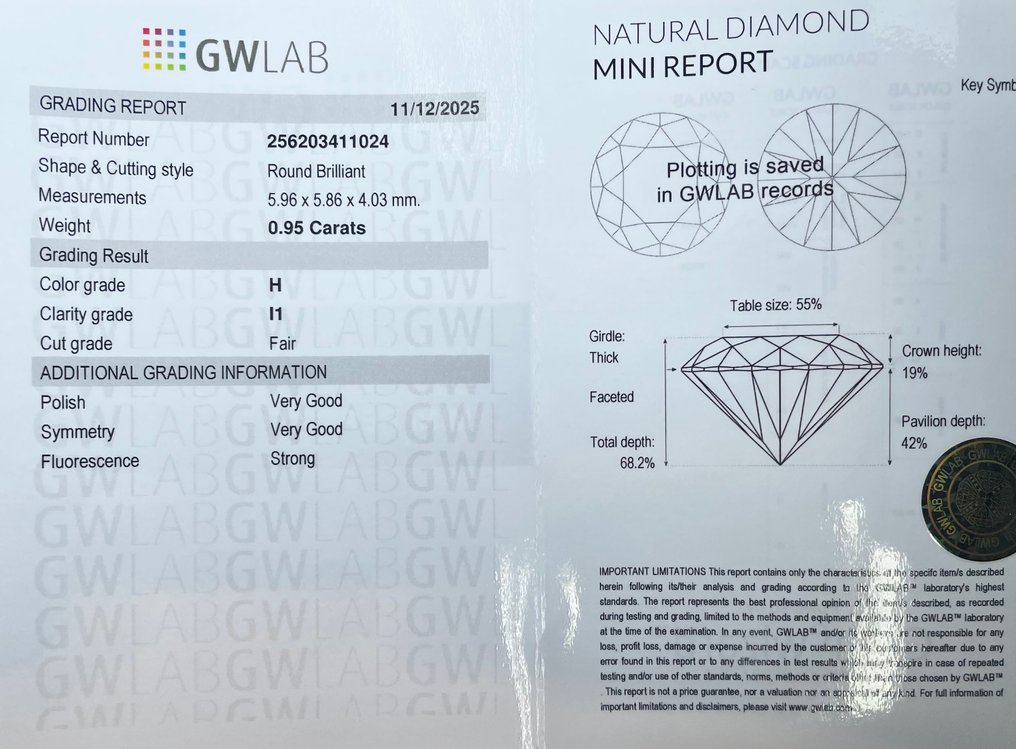 No reserve price - 1 pcs Diamond  (Natural)  - 0.95 ct - Round - H - I1 - Gemewizard Gemological Laboratory (GWLab) #2.1