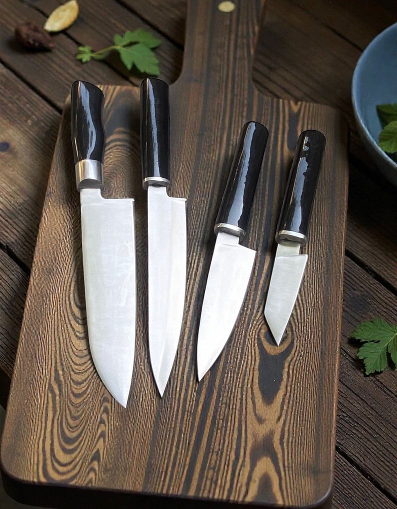 Set of FOUR, Hand-Forged with Old & dual polish Steel, Japanese Style Knives from Elite - Coltello da cucina - Chef's knife - Acciaio, Legno, Set squisito di 4 coltelli vintage in acciaio giapponese vecchio forgiato a mano. - Giappone #3.2