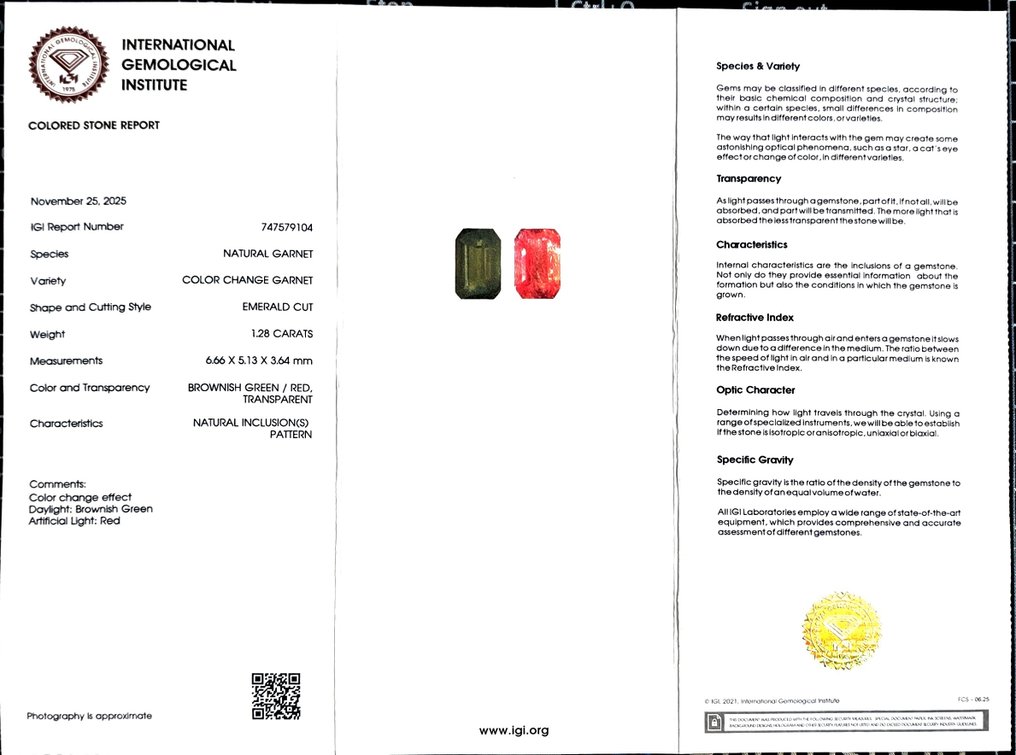 石榴石  - 6.40 ct - 国际宝石研究院（IGI） - 稀有与变色 #2.1