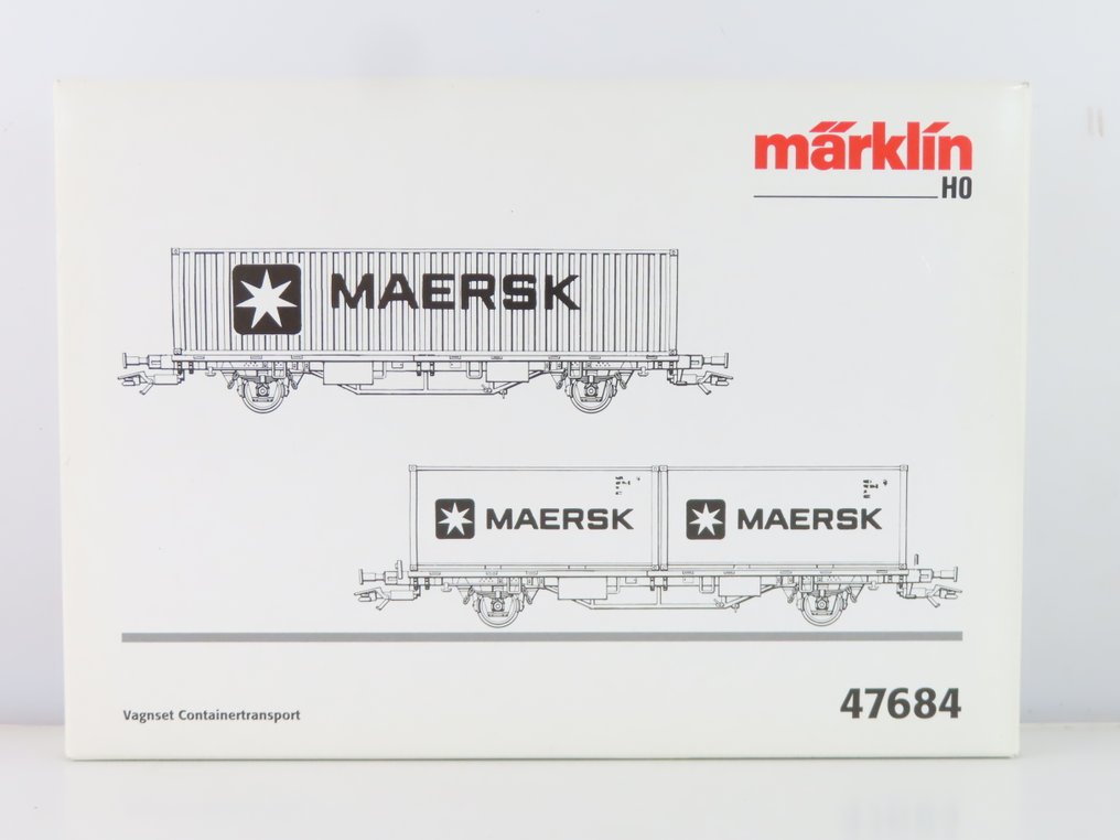 Märklin H0 - 47684 - Σετ τρένου μοντελισμού μεταφοράς εμπορευμάτων (1) - Σετ διπλών αγαθών με 2-άξονες container carriers με φορτίο και επιγραφή «Maersk» - DSB #3.2