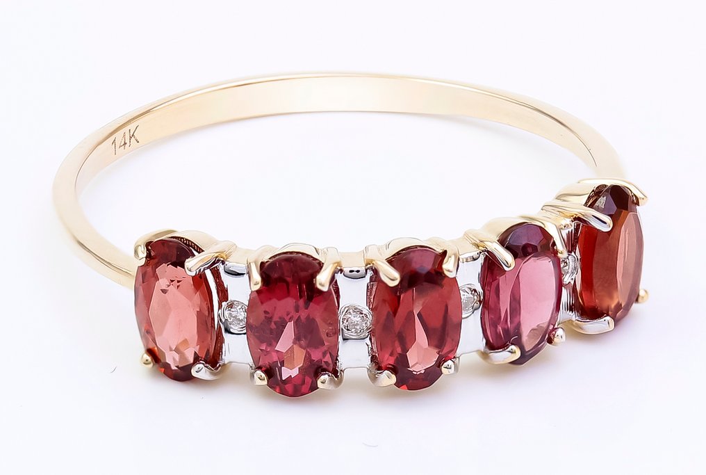 χωρίς τιμή ασφαλείας - Δαχτυλίδι - 14 καράτια Κίτρινο χρυσό Γρανάτης - Διαμάντι - US-7 #2.1