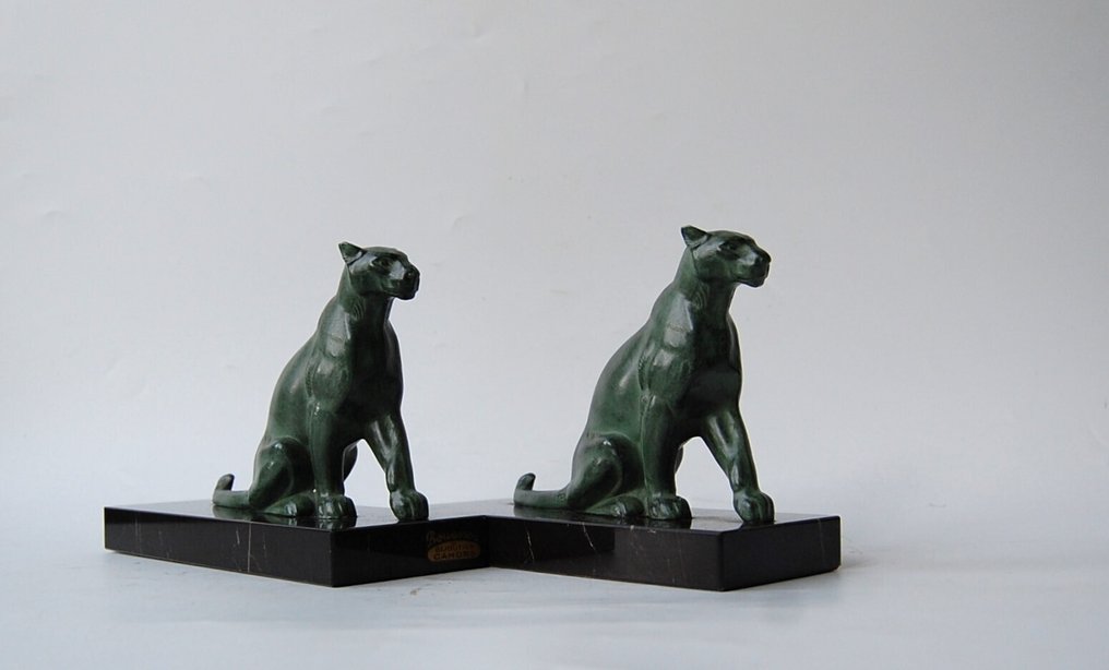 Tedd - Veistos, Twee panters - 13 cm - Metalli ja marmori - 1930 #2.1
