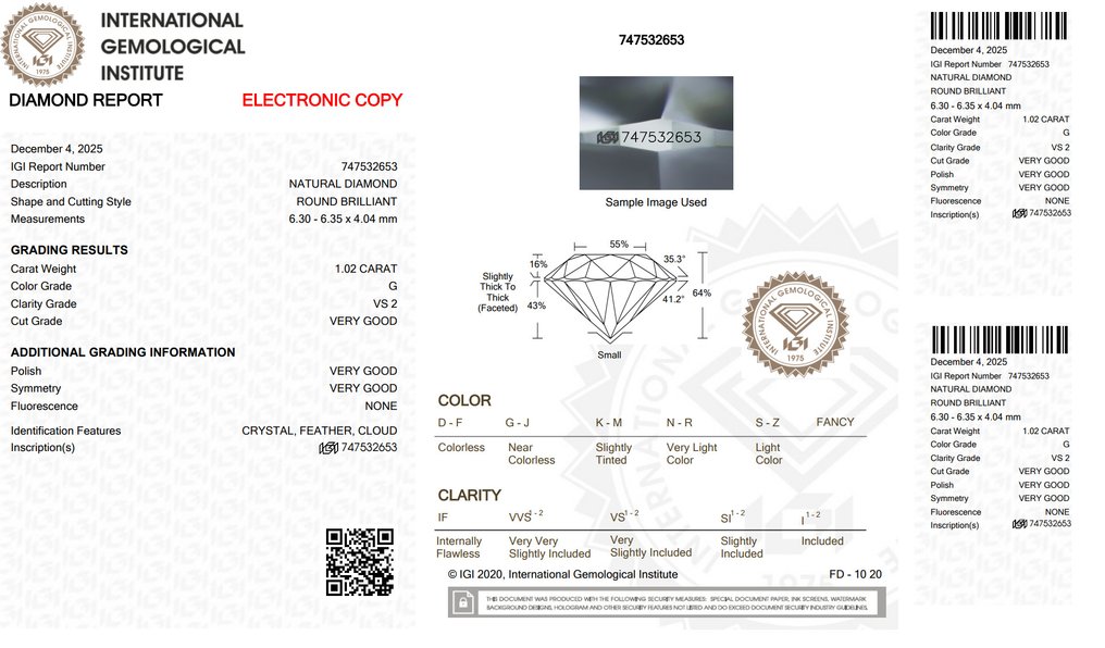 Nincs minimálár - 1 pcs Gyémánt  (Természetes)  - 1.02 ct - Kerek - G - VS2 - Nemzetközi Gemmológiai Intézet (IGI) #2.1