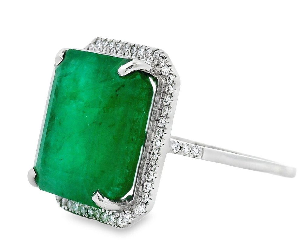 没有保留价 - 戒指 白金 -  10.29ct. tw. 祖母绿 - 钻石 - 独家翡翠戒指 #1.0