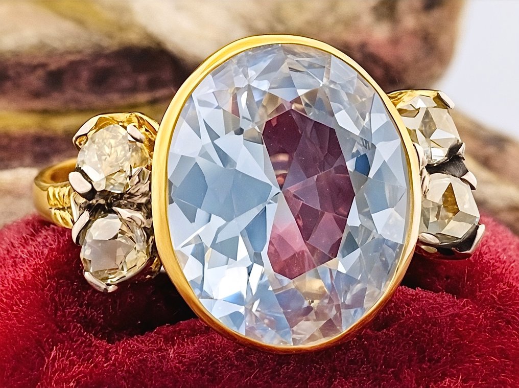 没有保留价 - 戒指 - 9 kt. 黄金, 银 海蓝宝石 - 钻石 #4.3