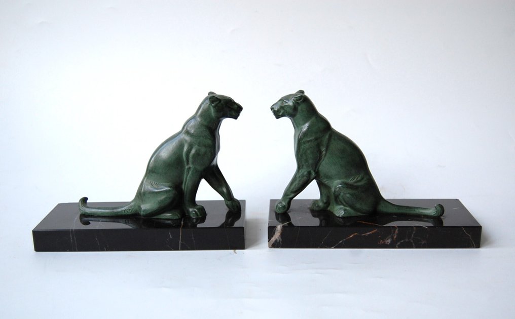 Tedd - Veistos, Twee panters - 13 cm - Metalli ja marmori - 1930 #1.0
