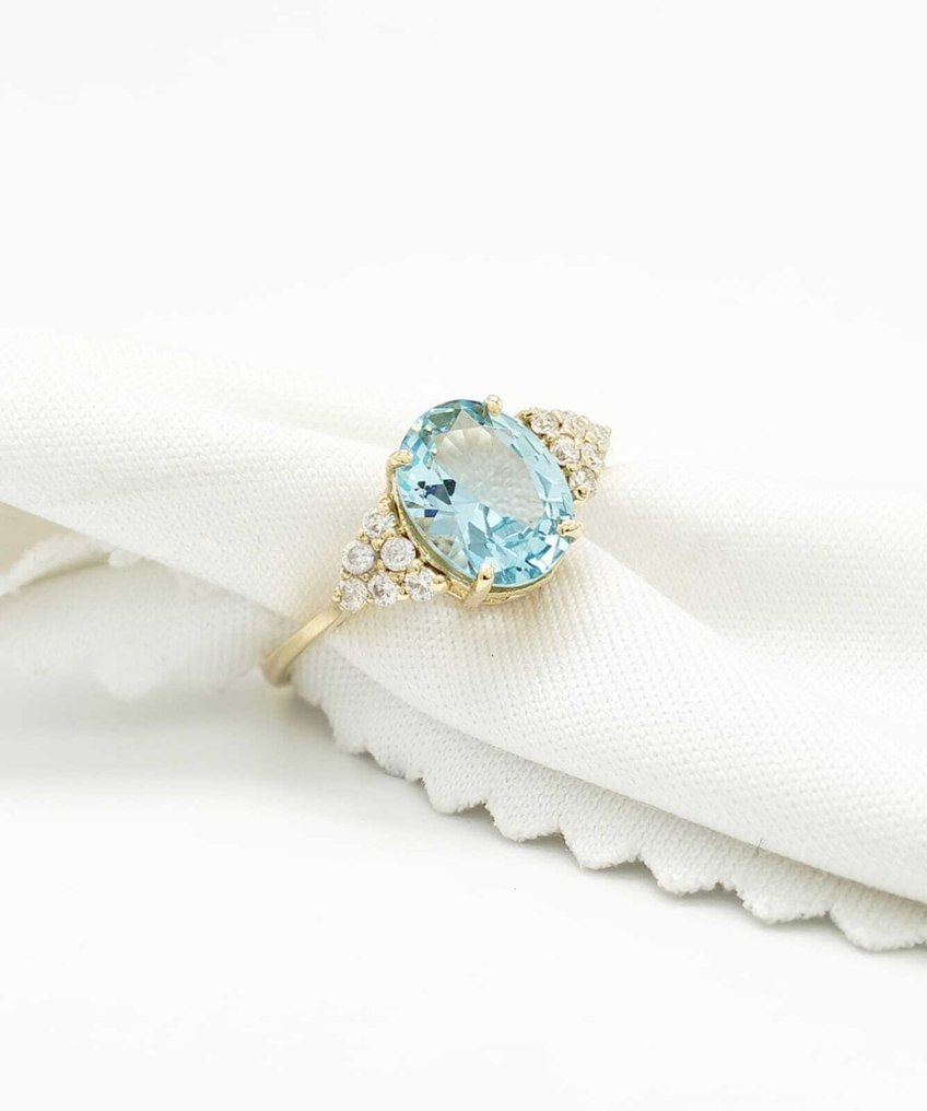 Sans prix de réserve - Bague - 14 carats Or jaune Aigue-marine - Diamant #1.0