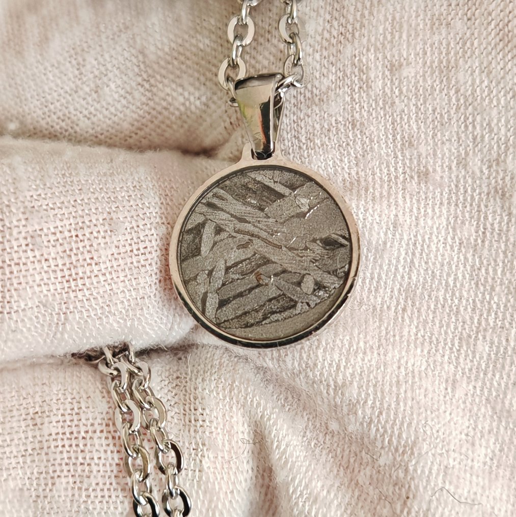 Μενταγιόν από ατσάλι και μετεωρίτη Aletai με αλυσίδα από ανοξείδωτο ατσάλι. Μετεωρίτης σιδήρου - Ύψος: 23 mm - Πλάτος: 15.5 mm - 2.22 g - (1) #1.0