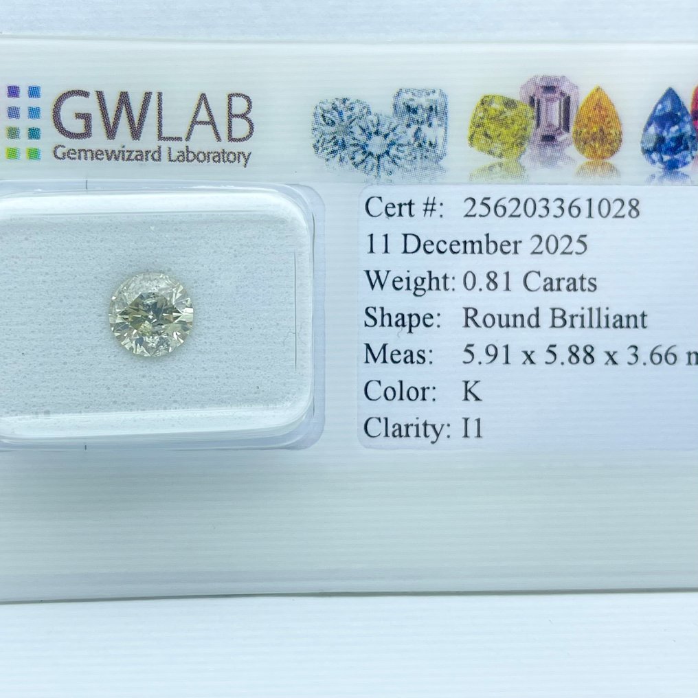 No reserve price - 1 pcs Diamond (Natural) - 0.81 ct - Round - K - I1 - Gemewizard Gemological Laboratory (GWLab) #1.0
