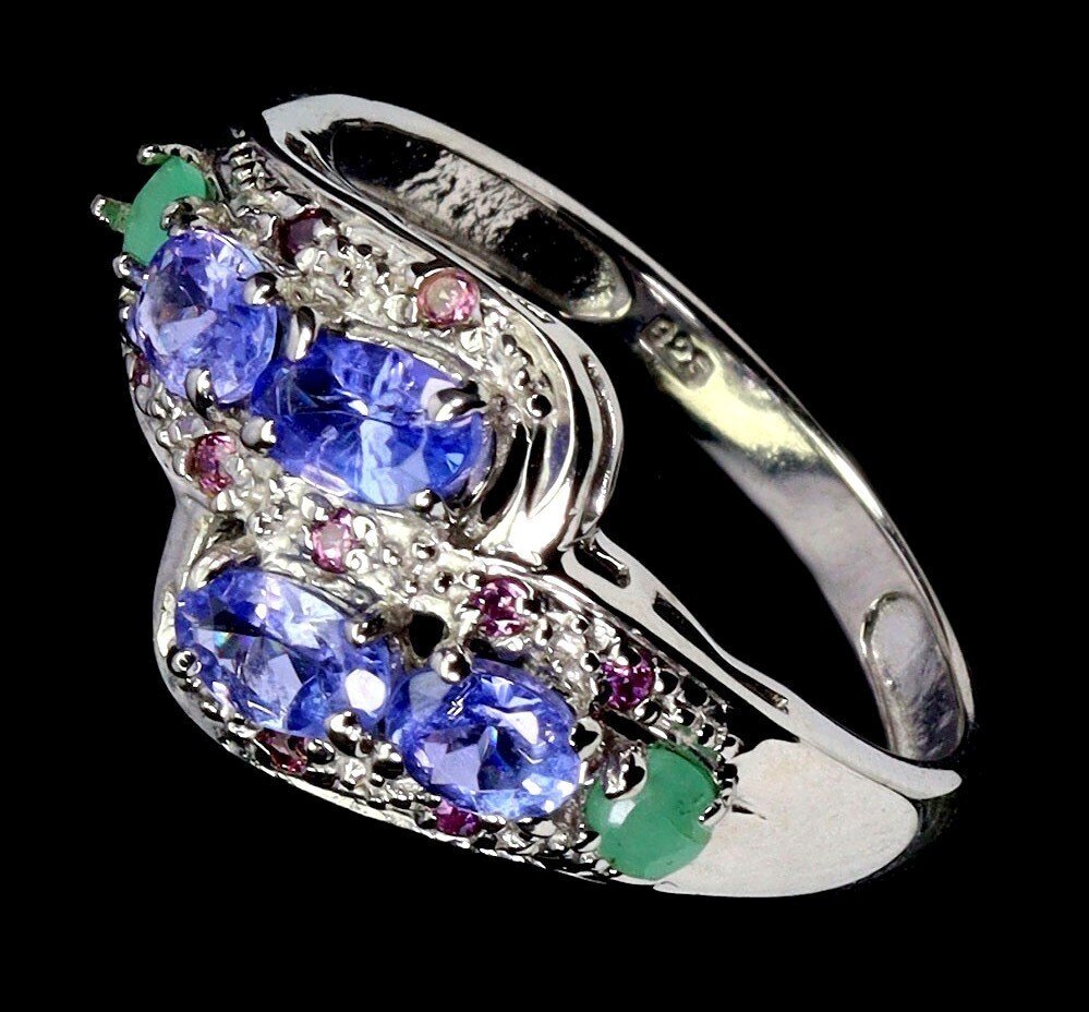 No reserve price - Ring Silver Tanzanite - Emerald, Garnet #3.2