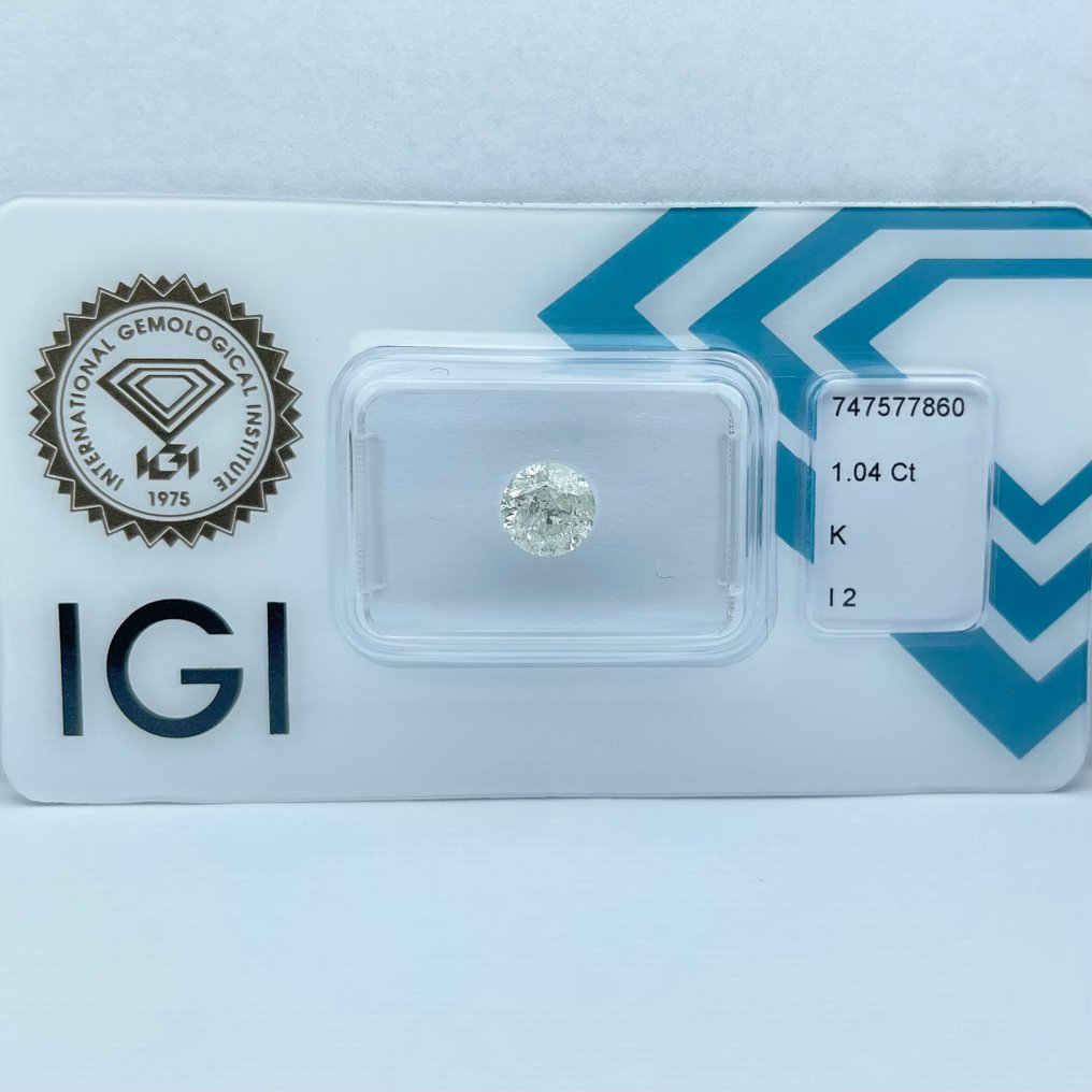 No reserve price - 1 pcs Diamond  (Natural)  - 1.04 ct - Round - K - I2 - International Gemological Institute (IGI) #3.2