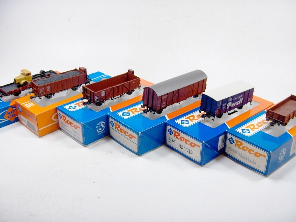 Roco H0 - 46090/4332/4390A/47920/46480/46034 - Τρένο μοντελισμού μεταφοράς εμπορευμάτων (6) - 6x φορτηγά βαγόνια - DB #1.0