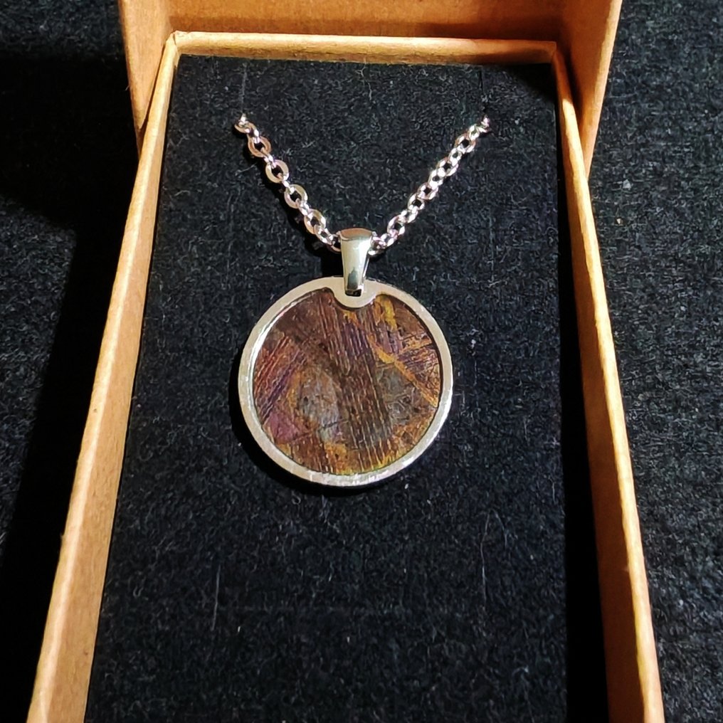 Steel and Muonionalusta meteorite pendant with a stainless steel chain. Iron meteorite - Height: 26 mm - Width: 21 mm - 4.36 g - (1) #1.0