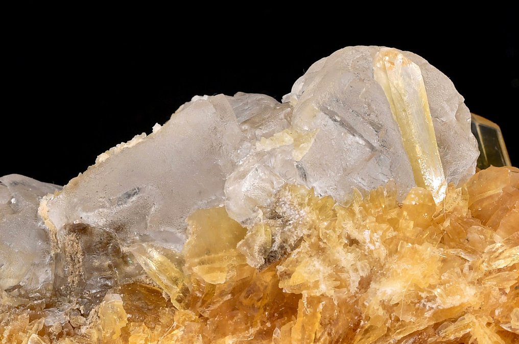 Wonderful transparent white halite on deep orange fish-tail gypsum var selenite. from Peru - Height: 11.9 cm - Width: 7.3 cm- 323 g #3.2