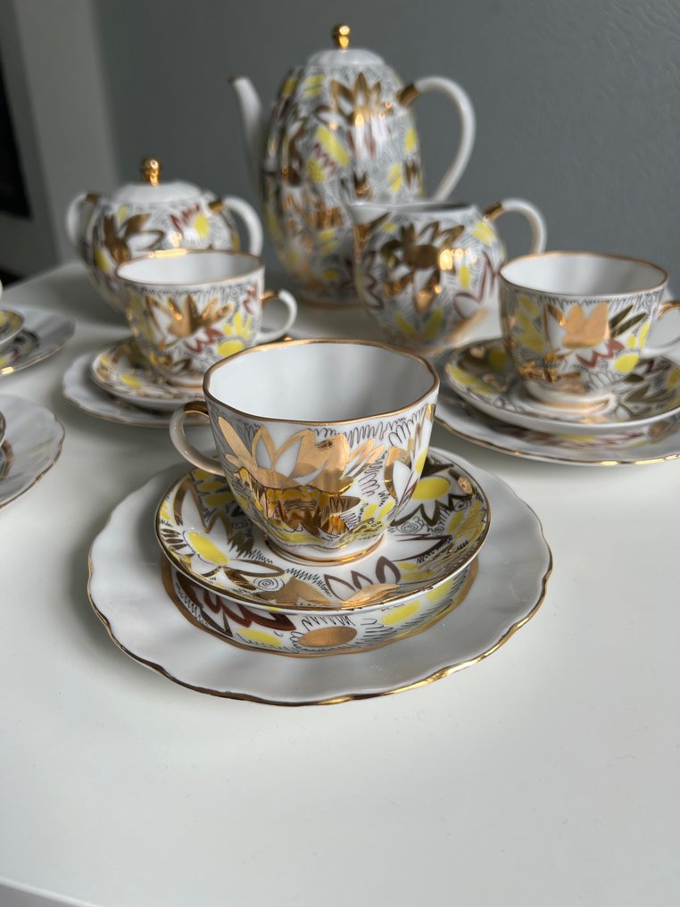Lomonosov Imperial Porcelain Factory - Coffee set for 6 (21) - Porcelain, Gold plated - LFZ Set 'Golden Daisies' #3.2