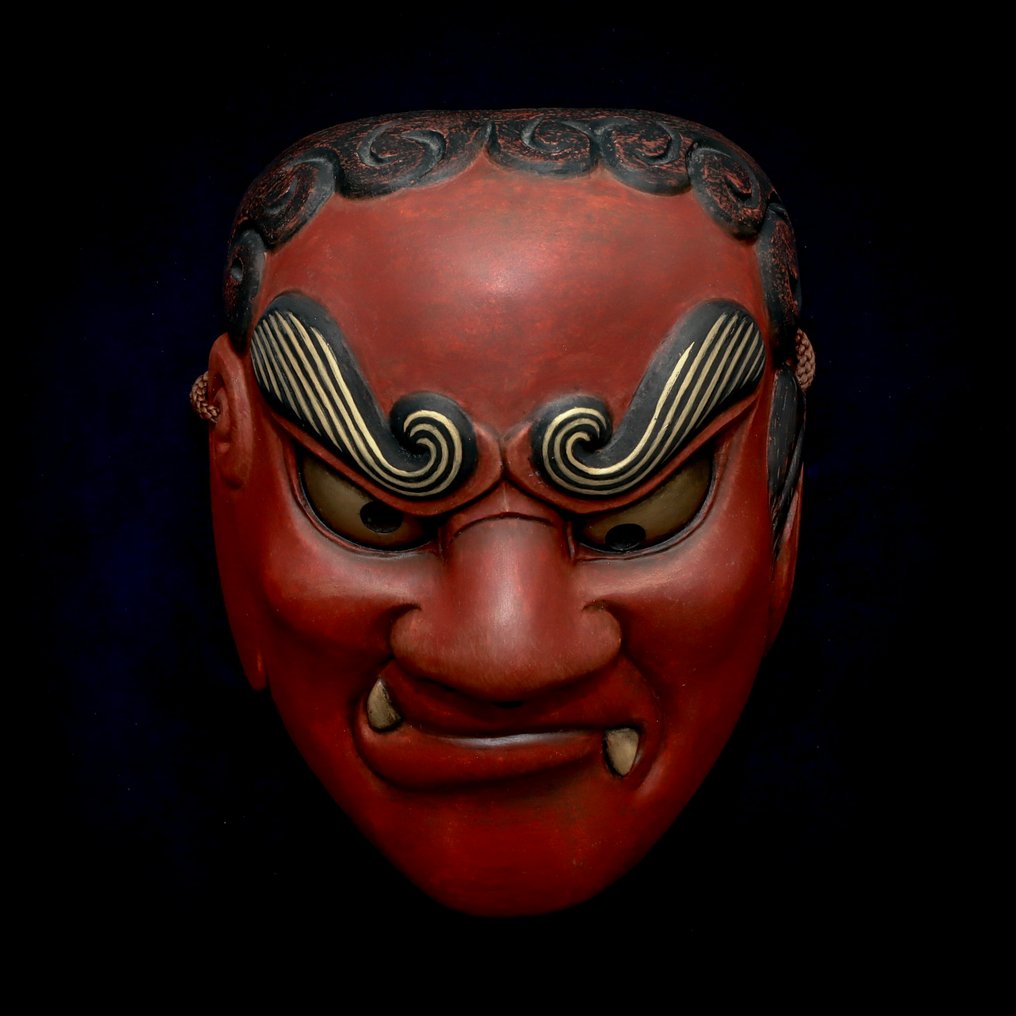 Signed Japan Wooden Noh Mask of Red Kiba-Fudo 能面 赤·牙不動 (with bag & box) - Γλυπτό Ξύλο - Ιαπωνία #2.1
